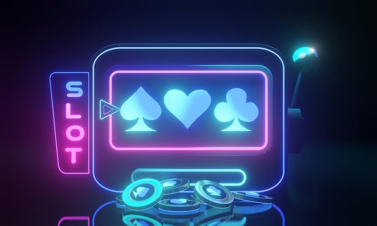 Susunan meja kasino langsung baccarat dengan dealer dan lampu berwarna neon
